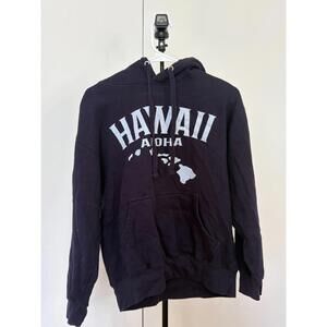 Hawaii Aloha Graphic Hoodie Navy Blue Palm Tree Sleeve Print – Size M